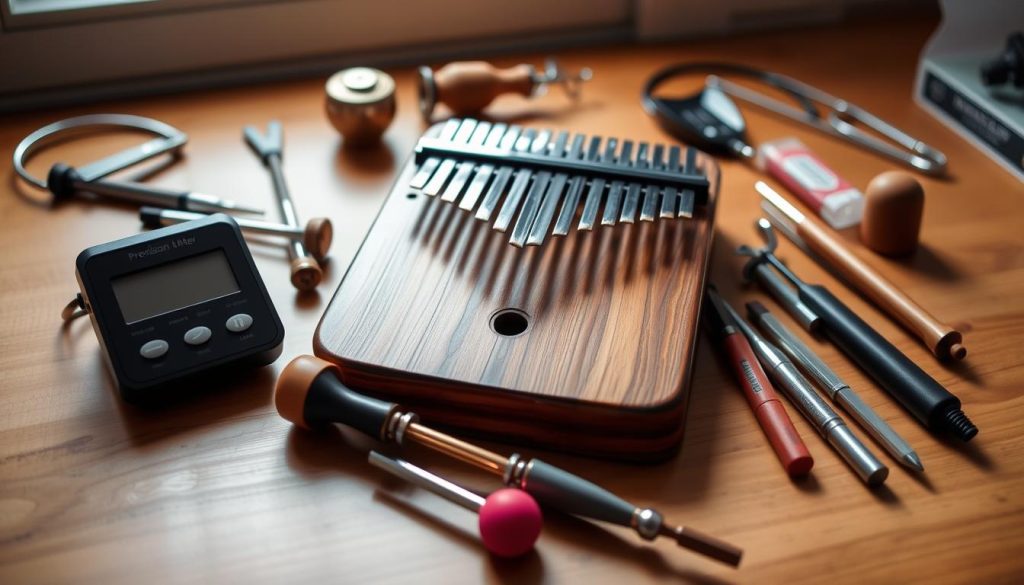 A neatly arranged set of kalimba tuning tools on a wooden workspace, illuminated by soft natural light coming from a nearby window. In the foreground, a precision tuner with a digital display and a set of tuning hammers in vibrant colors. In the middle, a polished kalimba with its keys reflecting the light, showcasing the craftsmanship and attention to detail. The background features various other tools like a string winder, pitch pipe, and a tuning fork, all arranged harmoniously. The scene conveys a calm and focused atmosphere, perfect for a music enthusiast or professional tuner engaged in the art of tuning an instrument. The overall composition emphasizes the importance of precision in tuning. A neatly arranged set of kalimba tuning tools on a wooden workspace, illuminated by soft natural light coming from a nearby window. In the foreground, a precision tuner with a digital display and a set of tuning hammers in vibrant colors. In the middle, a polished kalimba with its keys reflecting the light, showcasing the craftsmanship and attention to detail. The background features various other tools like a string winder, pitch pipe, and a tuning fork, all arranged harmoniously. The scene conveys a calm and focused atmosphere, perfect for a music enthusiast or professional tuner engaged in the art of tuning an instrument. The overall composition emphasizes the importance of precision in tuning.