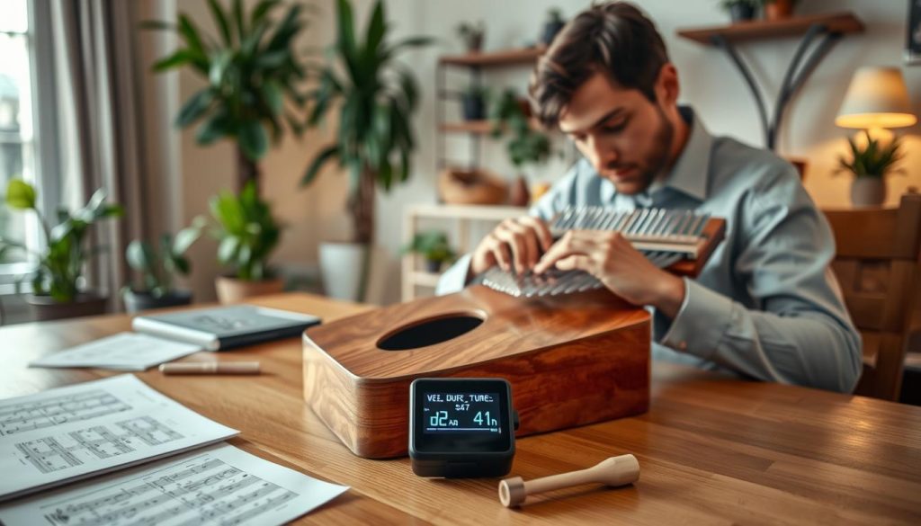 A serene indoor scene featuring a person sitting at a wooden table, preparing to tune a kalimba. The person, dressed in neat casual attire, focuses intently on the instrument, which is beautifully crafted with intricate details. In the foreground, a small digital tuner is visible, its screen illuminated, displaying lively graphics. In the middle ground, scattered sheet music and a tuning hammer create a workspace ambiance. The background is softly blurred, showcasing a cozy, well-organized room filled with plants and warm lighting to convey a calm atmosphere. The image captures the focus and preparation involved in tuning a kalimba, embodying a peaceful and methodical environment. A serene indoor scene featuring a person sitting at a wooden table, preparing to tune a kalimba. The person, dressed in neat casual attire, focuses intently on the instrument, which is beautifully crafted with intricate details. In the foreground, a small digital tuner is visible, its screen illuminated, displaying lively graphics. In the middle ground, scattered sheet music and a tuning hammer create a workspace ambiance. The background is softly blurred, showcasing a cozy, well-organized room filled with plants and warm lighting to convey a calm atmosphere. The image captures the focus and preparation involved in tuning a kalimba, embodying a peaceful and methodical environment.