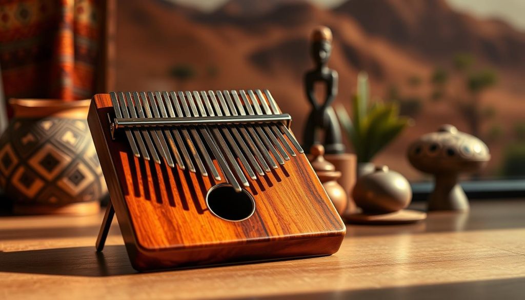 A Hugh Tracey kalimba, showcasing its unique design, sits prominently in the foreground, reflecting the artistry of African craftsmanship. The instrument features a polished wooden body with metal tines, beautifully arranged and glinting in soft, natural lighting. In the middle ground, a gentle display of cultural artifacts, such as traditional African textiles and small sculptures, subtly enhances the scene, illustrating the rich heritage of the kalimba. The background includes an earthy, blurred landscape evoking African scenery, perhaps with hints of distant mountains and lush greenery. The atmosphere is warm and inviting, suggesting an appreciation for music and tradition. The angle captures the kalimba in a slightly elevated position, creating a sense of depth and drawing the viewer into the world of modern African music. A Hugh Tracey kalimba, showcasing its unique design, sits prominently in the foreground, reflecting the artistry of African craftsmanship. The instrument features a polished wooden body with metal tines, beautifully arranged and glinting in soft, natural lighting. In the middle ground, a gentle display of cultural artifacts, such as traditional African textiles and small sculptures, subtly enhances the scene, illustrating the rich heritage of the kalimba. The background includes an earthy, blurred landscape evoking African scenery, perhaps with hints of distant mountains and lush greenery. The atmosphere is warm and inviting, suggesting an appreciation for music and tradition. The angle captures the kalimba in a slightly elevated position, creating a sense of depth and drawing the viewer into the world of modern African music.