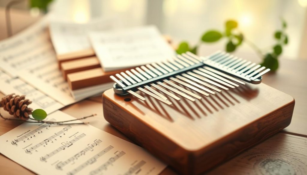 A beautifully arranged Kalimba in D major tuning, showcasing its wooden surface and metal keys. The foreground features the Kalimba prominently, with its shiny keys reflecting soft, warm lighting. Surrounding the instrument are scattered sheet music notes that hint at its musical potential. In the middle ground, a subtle wooden table adds a rustic touch, enhancing the natural feel of the image. The background is softly blurred with hints of green foliage, creating a serene and inviting atmosphere that encourages learning and exploration. The lighting is gentle and diffused, casting soft shadows and emphasizing the instrument’s craftsmanship. The overall mood is tranquil and inspiring, perfect for conveying the joys of starting a musical journey with the Kalimba. A beautifully arranged Kalimba in D major tuning, showcasing its wooden surface and metal keys. The foreground features the Kalimba prominently, with its shiny keys reflecting soft, warm lighting. Surrounding the instrument are scattered sheet music notes that hint at its musical potential. In the middle ground, a subtle wooden table adds a rustic touch, enhancing the natural feel of the image. The background is softly blurred with hints of green foliage, creating a serene and inviting atmosphere that encourages learning and exploration. The lighting is gentle and diffused, casting soft shadows and emphasizing the instrument’s craftsmanship. The overall mood is tranquil and inspiring, perfect for conveying the joys of starting a musical journey with the Kalimba.