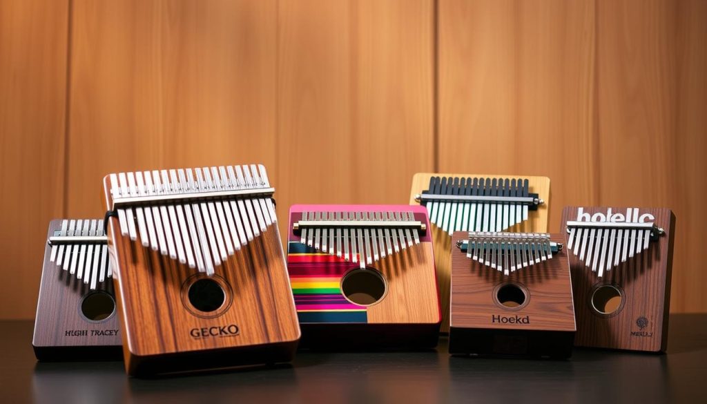 A beautifully arranged display of various kalimbas from top brands: Hugh Tracey, Gecko, Hokema, Meinl, and Sela. In the foreground, showcase a traditional Hugh Tracey kalimba with intricate craftsmanship, its wooden body gleaming under soft, warm lighting. Adjacent to it, place a modern Gecko kalimba, displaying vibrant colors and a sleek design. In the middle ground, include the Hokema and Meinl kalimbas with their distinct shapes and sizes, emphasizing their unique features. The background should gently fade into a subtle wooden texture, reminiscent of traditional African craftsmanship, creating a harmonious and inviting atmosphere. The overall mood is warm and engaging, capturing the essence of both traditional and modern kalimbas in a professionally lit setting, highlighting their beauty and variety without any text or distractions. A beautifully arranged display of various kalimbas from top brands: Hugh Tracey, Gecko, Hokema, Meinl, and Sela. In the foreground, showcase a traditional Hugh Tracey kalimba with intricate craftsmanship, its wooden body gleaming under soft, warm lighting. Adjacent to it, place a modern Gecko kalimba, displaying vibrant colors and a sleek design. In the middle ground, include the Hokema and Meinl kalimbas with their distinct shapes and sizes, emphasizing their unique features. The background should gently fade into a subtle wooden texture, reminiscent of traditional African craftsmanship, creating a harmonious and inviting atmosphere. The overall mood is warm and engaging, capturing the essence of both traditional and modern kalimbas in a professionally lit setting, highlighting their beauty and variety without any text or distractions.