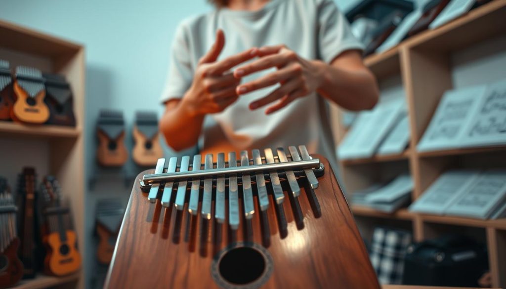 A beautifully crafted kalimba designed for intermediate and advanced players, prominently displayed in the foreground. The instrument features intricately carved wooden body and polished steel tines, reflecting a warm light that highlights its craftsmanship. In the middle ground, a musician's hands are positioned elegantly above the kalimba, poised to play, wearing modest casual clothing. Soft, ambient lighting creates a serene atmosphere, while a subtle bokeh effect suggests a cozy practice space. In the background, shelves line the walls filled with a variety of kalimbas and music sheets, providing context to the musician's environment. The focus of the image is on the kalimba, conveying an air of dedication and artistry in the world of music. A beautifully crafted kalimba designed for intermediate and advanced players, prominently displayed in the foreground. The instrument features intricately carved wooden body and polished steel tines, reflecting a warm light that highlights its craftsmanship. In the middle ground, a musician's hands are positioned elegantly above the kalimba, poised to play, wearing modest casual clothing. Soft, ambient lighting creates a serene atmosphere, while a subtle bokeh effect suggests a cozy practice space. In the background, shelves line the walls filled with a variety of kalimbas and music sheets, providing context to the musician's environment. The focus of the image is on the kalimba, conveying an air of dedication and artistry in the world of music.
