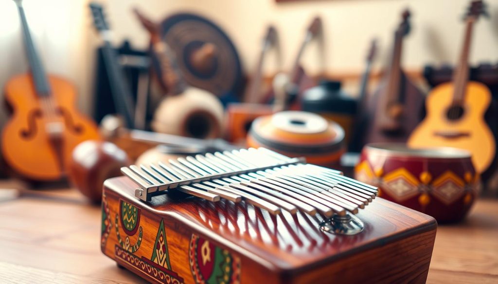A beautifully crafted kalimba, intricately designed with vibrant colors and patterns, rests prominently in the foreground, glimmering under soft, warm lighting. The instrument boasts a rich wooden finish with polished metal tines that catch the light. In the middle ground, a blurred assortment of traditional instruments from around the world adds depth, suggesting a cultural connection. The background features a softly lit room with earthy tones, enhancing the warm atmosphere, reminiscent of a cozy music studio. The overall mood is inviting and vibrant, encapsulating the essence of global musical heritage, with a gentle focus on the kalimba as the centerpiece of this harmonious scene. A beautifully crafted kalimba, intricately designed with vibrant colors and patterns, rests prominently in the foreground, glimmering under soft, warm lighting. The instrument boasts a rich wooden finish with polished metal tines that catch the light. In the middle ground, a blurred assortment of traditional instruments from around the world adds depth, suggesting a cultural connection. The background features a softly lit room with earthy tones, enhancing the warm atmosphere, reminiscent of a cozy music studio. The overall mood is inviting and vibrant, encapsulating the essence of global musical heritage, with a gentle focus on the kalimba as the centerpiece of this harmonious scene.