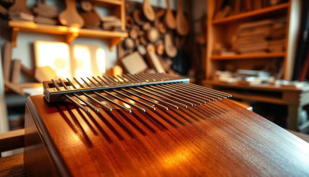 A beautifully crafted kalimba made of rich, warm-toned wood, showcasing its smooth, rounded edges and polished surface. The instrument is placed prominently in the foreground, with glistening metal tines casting subtle reflections in soft, natural light. In the middle ground, an assortment of wood pieces and tools used in kalimba crafting are artfully arranged, emphasizing the importance of material choice in sound quality. The background features a softly blurred workshop setting, with wooden shelves displaying various kalimbas and crafting materials, illuminated by warm ambient lighting. The mood is inviting and serene, embodying the craftsmanship and resonance of wooden instruments. The angle captures both the intricate details of the kalimba and the cozy workspace, drawing the viewer into the world of music making. A beautifully crafted kalimba made of rich, warm-toned wood, showcasing its smooth, rounded edges and polished surface. The instrument is placed prominently in the foreground, with glistening metal tines casting subtle reflections in soft, natural light. In the middle ground, an assortment of wood pieces and tools used in kalimba crafting are artfully arranged, emphasizing the importance of material choice in sound quality. The background features a softly blurred workshop setting, with wooden shelves displaying various kalimbas and crafting materials, illuminated by warm ambient lighting. The mood is inviting and serene, embodying the craftsmanship and resonance of wooden instruments. The angle captures both the intricate details of the kalimba and the cozy workspace, drawing the viewer into the world of music making.