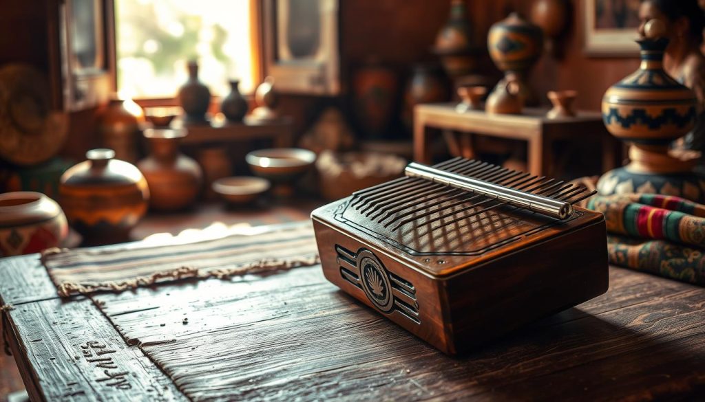 A beautifully crafted mbira dzavadzimu resting on a textured wooden table, surrounded by traditional African textiles. The mbira features intricate carvings and glossy metal tines reflecting warm, soft light. In the background, a blurred view of an earthy-toned room adorned with cultural artifacts, such as colorful pottery and woven baskets, creates an authentic atmosphere. Natural light streams softly through an open window, casting gentle shadows that enhance the mood of a serene, traditional setting. The image should convey a sense of heritage and musicality, highlighting the mbira's importance in African culture, enchanting viewers with its beauty and timelessness. A beautifully crafted mbira dzavadzimu resting on a textured wooden table, surrounded by traditional African textiles. The mbira features intricate carvings and glossy metal tines reflecting warm, soft light. In the background, a blurred view of an earthy-toned room adorned with cultural artifacts, such as colorful pottery and woven baskets, creates an authentic atmosphere. Natural light streams softly through an open window, casting gentle shadows that enhance the mood of a serene, traditional setting. The image should convey a sense of heritage and musicality, highlighting the mbira's importance in African culture, enchanting viewers with its beauty and timelessness.