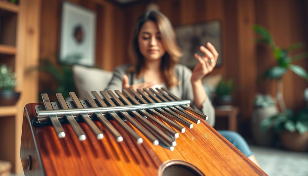 A beautifully crafted sansula, featuring a blend of a drum and kalimba design, takes the foreground of the image. The instrument, made of rich, polished wood, is adorned with meticulously arranged metal tines that glint softly in natural light. In the middle ground, a serene musician, dressed in a casual yet professional outfit, gently plays the sansula, absorbed in its soothing sounds. Their fingers gracefully dance over the tines, creating an aura of relaxation and harmony. In the background, a cozy room with warm wooden tones and subtle plants adds to the ambiance, enhancing the feeling of tranquility. Soft, diffused lighting envelops the scene, with a shallow depth of field focusing on the sansula, evoking a peaceful and reflective atmosphere perfect for appreciating this unique musical instrument.
