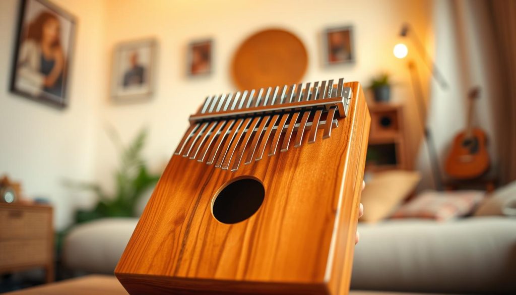 A beautifully designed kalimba instrument made of polished wood, featuring ergonomic lamination for enhanced comfort and playability. In the foreground, the kalimba is showcased with its vibrant wooden keys reflecting warm, natural tones under soft, diffused lighting. In the middle ground, a pair of hands gently cradles the instrument, demonstrating its user-friendly design. The background features a subtle, blurred interior of a cozy music room with soft, warm lighting, creating an inviting atmosphere. The image should convey a sense of tranquility and creativity, emphasizing the tactile experience of playing the kalimba. Use a shallow depth of field to keep the focus on the kalimba and hands, while softly blurring the background elements. A beautifully designed kalimba instrument made of polished wood, featuring ergonomic lamination for enhanced comfort and playability. In the foreground, the kalimba is showcased with its vibrant wooden keys reflecting warm, natural tones under soft, diffused lighting. In the middle ground, a pair of hands gently cradles the instrument, demonstrating its user-friendly design. The background features a subtle, blurred interior of a cozy music room with soft, warm lighting, creating an inviting atmosphere. The image should convey a sense of tranquility and creativity, emphasizing the tactile experience of playing the kalimba. Use a shallow depth of field to keep the focus on the kalimba and hands, while softly blurring the background elements.