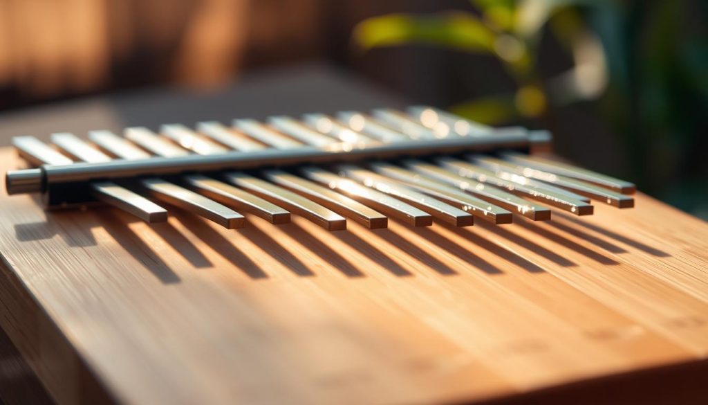 A close-up image of a beautifully crafted kalimba made from bamboo, showcasing its unique "lamelles" or tines. The foreground should focus on the intricate details of the bamboo surface, highlighting its natural texture and grain. In the middle ground, place the tines of different lengths glimmering softly in the light, reflecting an earthy color palette. The background should be softly blurred, evoking a warm and serene atmosphere, possibly hinting at a traditional African landscape with subtle greenery and soft sunlight. Use natural lighting to create gentle shadows that enhance the contours of the instrument, and select a slightly elevated angle to provide a dynamic view of the kalimba’s structure. The mood should feel nostalgic and rooted in cultural heritage, inviting viewers to appreciate the evolution from bamboo to metal. A close-up image of a beautifully crafted kalimba made from bamboo, showcasing its unique "lamelles" or tines. The foreground should focus on the intricate details of the bamboo surface, highlighting its natural texture and grain. In the middle ground, place the tines of different lengths glimmering softly in the light, reflecting an earthy color palette. The background should be softly blurred, evoking a warm and serene atmosphere, possibly hinting at a traditional African landscape with subtle greenery and soft sunlight. Use natural lighting to create gentle shadows that enhance the contours of the instrument, and select a slightly elevated angle to provide a dynamic view of the kalimba’s structure. The mood should feel nostalgic and rooted in cultural heritage, inviting viewers to appreciate the evolution from bamboo to metal.