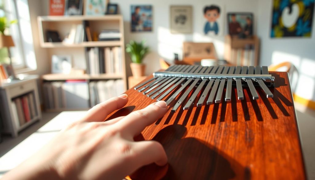 A close-up view of a beautifully crafted kalimba made from polished mahogany, showcasing its vibrant metal tines in a range of tones. In the foreground, delicate hands of a beginner gently pressing down on the tines, producing harmonious notes. The middle ground features a simple, well-lit workspace with soft natural light streaming in, casting gentle shadows. In the background, a cozy room setting with shelves of music books and colorful wall art, creating an inviting atmosphere. The overall mood is calm and inspirational, evoking a sense of creativity and ease for newcomers to music. The image captures the spirit of simplicity and accessibility in learning the kalimba. A close-up view of a beautifully crafted kalimba made from polished mahogany, showcasing its vibrant metal tines in a range of tones. In the foreground, delicate hands of a beginner gently pressing down on the tines, producing harmonious notes. The middle ground features a simple, well-lit workspace with soft natural light streaming in, casting gentle shadows. In the background, a cozy room setting with shelves of music books and colorful wall art, creating an inviting atmosphere. The overall mood is calm and inspirational, evoking a sense of creativity and ease for newcomers to music. The image captures the spirit of simplicity and accessibility in learning the kalimba.