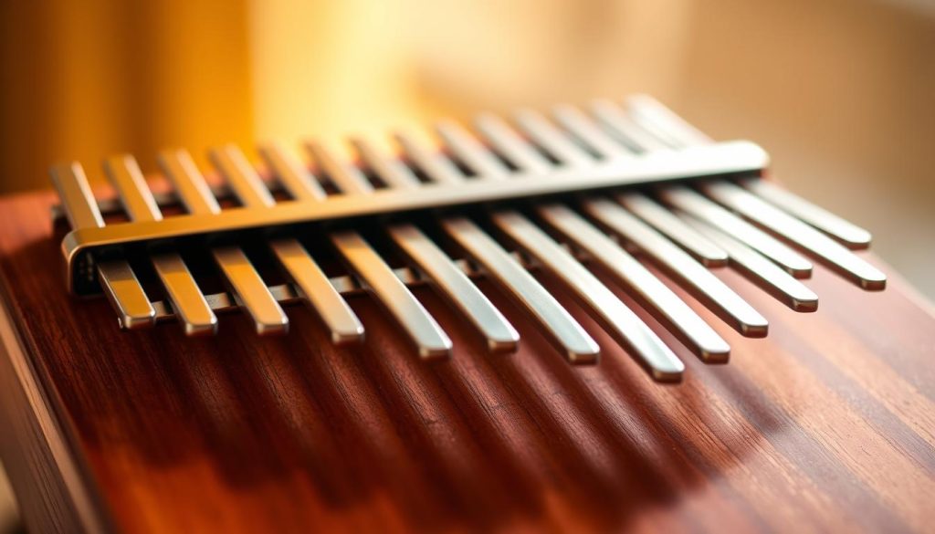 A close-up view of a kalimba with its keys prominently displayed, showcasing a diverse range of blade widths and curvatures. The foreground focuses on the meticulous arrangement of the metal tines, highlighting their ergonomic design, with varying angles for optimal finger placement. In the middle ground, the body of the kalimba is made of rich, polished wood, emphasizing craftsmanship and aesthetic appeal. The background is softly blurred, suggesting a gentle ambiance, with warm, natural lighting that accentuates the warmth of the wood and the reflective sheen of the blades. The overall mood conveys a sense of harmony and functionality, ideal for musicians exploring their instrument's design intricacies. A close-up view of a kalimba with its keys prominently displayed, showcasing a diverse range of blade widths and curvatures. The foreground focuses on the meticulous arrangement of the metal tines, highlighting their ergonomic design, with varying angles for optimal finger placement. In the middle ground, the body of the kalimba is made of rich, polished wood, emphasizing craftsmanship and aesthetic appeal. The background is softly blurred, suggesting a gentle ambiance, with warm, natural lighting that accentuates the warmth of the wood and the reflective sheen of the blades. The overall mood conveys a sense of harmony and functionality, ideal for musicians exploring their instrument's design intricacies.