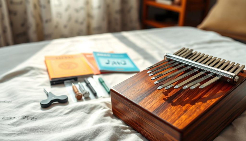 A close-up view of a kalimba with polished wooden body and shimmering metal tines, arranged elegantly on a soft, light-colored cloth. The kalimba stands out in the foreground, showcasing its beautifully crafted tines reflecting natural light. In the middle ground, there are various kalimba tuning tools and a few colorful beginner's guides laid out neatly, hinting at the learning process. The background features a softly blurred room filled with musical notes, adding a warm ambiance. The lighting is soft and inviting, casting a gentle glow that enhances the wooden textures. The overall mood is encouraging and inspiring, portraying an ideal environment for beginner musicians to embrace their kalimba journey. A close-up view of a kalimba with polished wooden body and shimmering metal tines, arranged elegantly on a soft, light-colored cloth. The kalimba stands out in the foreground, showcasing its beautifully crafted tines reflecting natural light. In the middle ground, there are various kalimba tuning tools and a few colorful beginner's guides laid out neatly, hinting at the learning process. The background features a softly blurred room filled with musical notes, adding a warm ambiance. The lighting is soft and inviting, casting a gentle glow that enhances the wooden textures. The overall mood is encouraging and inspiring, portraying an ideal environment for beginner musicians to embrace their kalimba journey.
