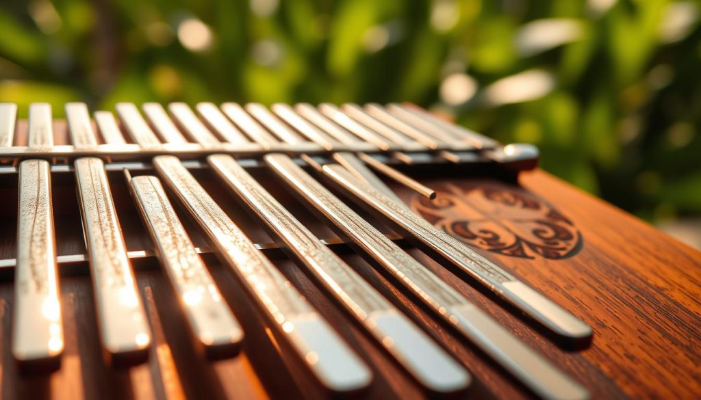 A close-up view of metal tines (lames) of a kalimba, showcasing their varying lengths and thicknesses, glistening under soft, warm light. The foreground emphasizes the intricate textures and resonant quality of the tines, with subtle reflections highlighting their polished surfaces. In the middle ground, a beautifully crafted resonating box reveals an earthy wood grain, paired with delicately carved patterns that reflect traditional African artistry. The background is softly blurred, hinting at lush greenery, symbolizing the kalimba's connection to nature. The overall mood is serene and inviting, capturing the essence of both traditional and modern kalimbas, conveying an atmosphere of harmony and music in a naturally lit environment. A close-up view of metal tines (lames) of a kalimba, showcasing their varying lengths and thicknesses, glistening under soft, warm light. The foreground emphasizes the intricate textures and resonant quality of the tines, with subtle reflections highlighting their polished surfaces. In the middle ground, a beautifully crafted resonating box reveals an earthy wood grain, paired with delicately carved patterns that reflect traditional African artistry. The background is softly blurred, hinting at lush greenery, symbolizing the kalimba's connection to nature. The overall mood is serene and inviting, capturing the essence of both traditional and modern kalimbas, conveying an atmosphere of harmony and music in a naturally lit environment.