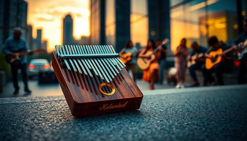 A contemporary kalimba showcased in a vibrant urban setting, emphasizing its fusion of traditional and modern aesthetics. The kalimba, with its polished wooden body and gleaming metal tines, sits prominently in the foreground on a textured surface, reflecting the warm glow of ambient lighting. In the middle ground, blurred figures of diverse musicians play and engage with their instruments, symbolizing the global embrace of this African thumb piano. The background features a softly lit city skyline during twilight, adding a dynamic contrast. Soft, colorful hues create an inviting atmosphere, capturing the essence of cultural connection and musical innovation in today's world. The image should evoke a sense of joy and appreciation for music's universal language. A contemporary kalimba showcased in a vibrant urban setting, emphasizing its fusion of traditional and modern aesthetics. The kalimba, with its polished wooden body and gleaming metal tines, sits prominently in the foreground on a textured surface, reflecting the warm glow of ambient lighting. In the middle ground, blurred figures of diverse musicians play and engage with their instruments, symbolizing the global embrace of this African thumb piano. The background features a softly lit city skyline during twilight, adding a dynamic contrast. Soft, colorful hues create an inviting atmosphere, capturing the essence of cultural connection and musical innovation in today's world. The image should evoke a sense of joy and appreciation for music's universal language.
