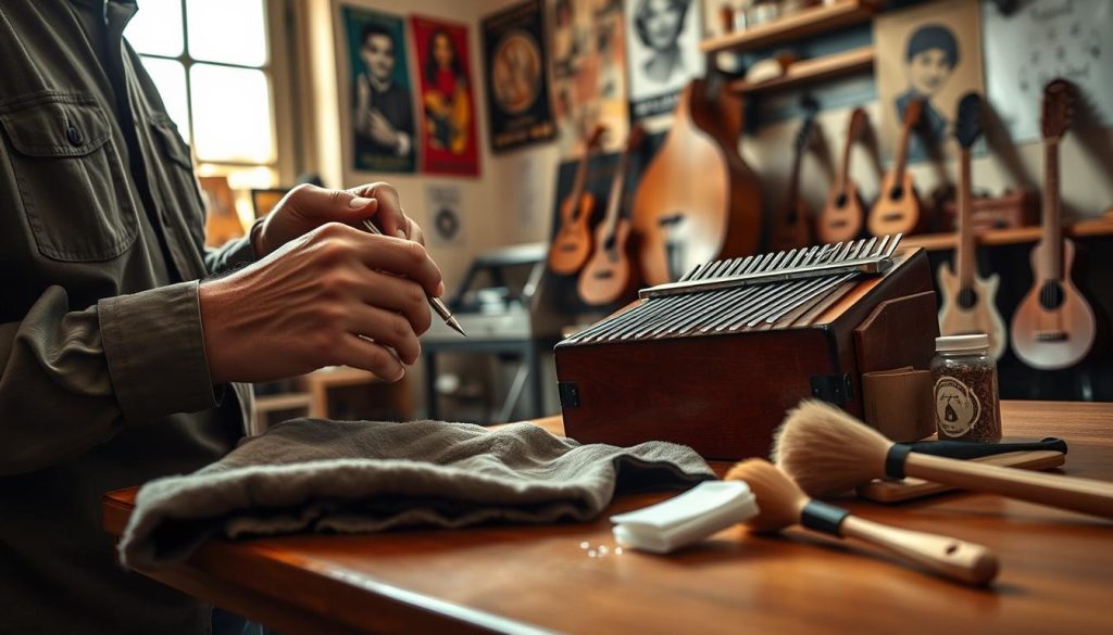 A detailed scene depicting a person carefully tuning a kalimba, focusing on the precision of the instrument’s metal tines. In the foreground, the person, dressed in modest casual clothing, holds a tuning tool and is seen closely examining the kalimba, displayed on a wooden table. The middle ground showcases a variety of cleaning supplies, such as a soft cloth and brushes, emphasizing the maintenance aspect. The background features a warm, softly lit room filled with musical posters and shelves of instruments, conveying a cozy and inviting atmosphere. The lighting is natural, coming from a nearby window, casting gentle shadows that create depth and texture, enhancing the mood of dedication and artistry in instrument care. A detailed scene depicting a person carefully tuning a kalimba, focusing on the precision of the instrument’s metal tines. In the foreground, the person, dressed in modest casual clothing, holds a tuning tool and is seen closely examining the kalimba, displayed on a wooden table. The middle ground showcases a variety of cleaning supplies, such as a soft cloth and brushes, emphasizing the maintenance aspect. The background features a warm, softly lit room filled with musical posters and shelves of instruments, conveying a cozy and inviting atmosphere. The lighting is natural, coming from a nearby window, casting gentle shadows that create depth and texture, enhancing the mood of dedication and artistry in instrument care.