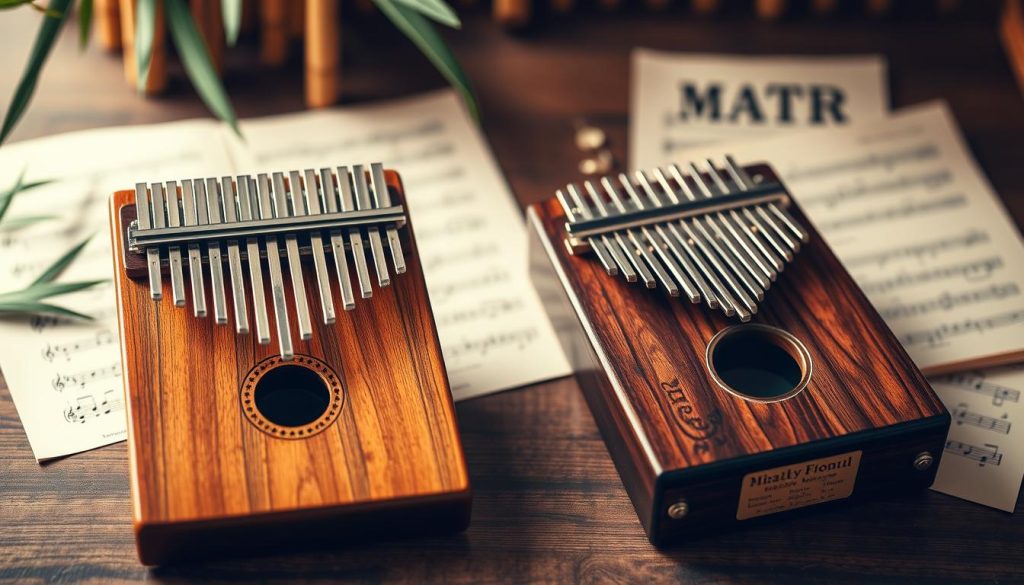A gracefully arranged scene showcasing a kalimba and a mbira, highlighting their differences in design, tuning, and sound qualities. In the foreground, the kalimba is depicted with its distinctive wooden body and metal tines, reflecting warm, natural tones. Adjacent to it, the intricate mbira features its larger soundboard and unique resonators, elegantly crafted from various materials. In the middle ground, softly blurred notes of music elegantly flow from both instruments, symbolizing their diverse tonalities. The background is a serene, softly lit ambiance with hints of bamboo and musical sheets to enhance the atmosphere of creativity and harmonization. Use soft, natural lighting to give a warm glow to the instruments, capturing their craftsmanship and cultural significance from a slight top-down angle.