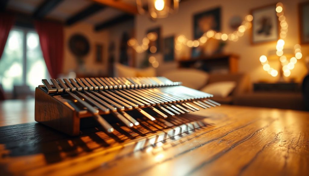 A serene and captivating image of a kalimba and sanza, focusing on the intricate lamelles (metal tines) resting atop a beautifully crafted wooden table d’harmonie (soundboard). In the foreground, showcase the vibrant metallic tines glistening in soft natural light, reflecting subtle colors. The middle ground features the wooden table, with rich textures and warm tones, highlighting the craftsmanship and authenticity of these idiophones lamellophones. In the background, incorporate a blurred ambiance of a cozy room filled with soft, ambient lighting, creating a warm and inviting atmosphere that emphasizes the intimacy of playing these instruments. The composition should evoke a sense of harmony and connection to the music, without any text or distractions.