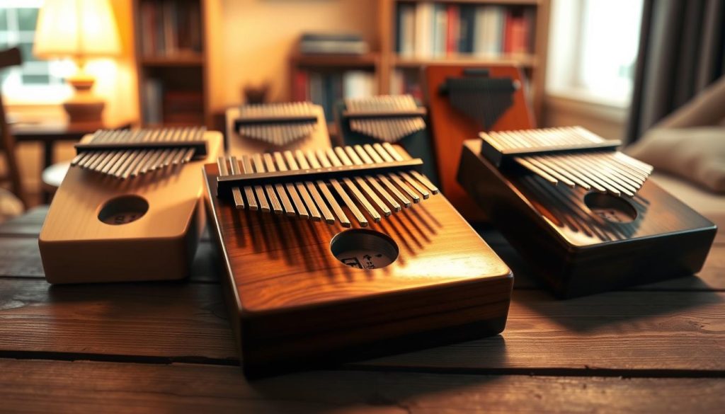 A serene and inviting setup showcasing a variety of kalimbas, displayed prominently on a rustic wooden table. In the foreground, focus on a beautifully crafted kalimba, highlighting its smooth wood grain and polished metal tines, glistening softly in a warm, ambient light. In the middle ground, arrange additional kalimbas of different sizes and colors, each with unique designs and textures. The background features a softly blurred scene of a cozy room with warm lighting, perhaps a bookshelf with musical books, creating an inviting atmosphere. The overall mood should evoke a sense of harmony, creativity, and the joy of music, suggesting a thoughtful exploration of choosing the perfect kalimba. Use natural, soft lighting to enhance the warmth and richness of the wood, with a slight depth of field to emphasize the foreground. A serene and inviting setup showcasing a variety of kalimbas, displayed prominently on a rustic wooden table. In the foreground, focus on a beautifully crafted kalimba, highlighting its smooth wood grain and polished metal tines, glistening softly in a warm, ambient light. In the middle ground, arrange additional kalimbas of different sizes and colors, each with unique designs and textures. The background features a softly blurred scene of a cozy room with warm lighting, perhaps a bookshelf with musical books, creating an inviting atmosphere. The overall mood should evoke a sense of harmony, creativity, and the joy of music, suggesting a thoughtful exploration of choosing the perfect kalimba. Use natural, soft lighting to enhance the warmth and richness of the wood, with a slight depth of field to emphasize the foreground.