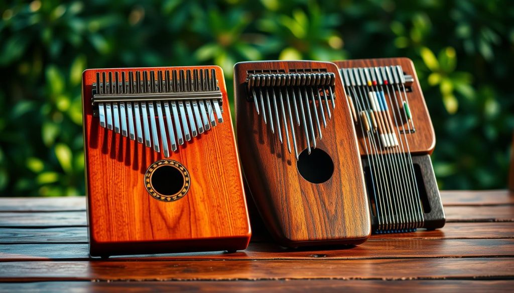 A vibrant scene showcasing a kalimba, sanza, and mbira displayed elegantly on a wooden table. In the foreground, the kalimba gleams under soft, warm lighting, highlighting its polished wooden body and metal tines. Next to it, the sanza, adorned with intricate carvings, reflects its cultural heritage, while the mbira, with its unique design and colorful keys, adds character to the arrangement. In the background, a blurred glimpse of lush greenery suggests an outdoor setting, enhancing the natural essence of these instruments. The overall atmosphere is serene and inviting, suggesting a harmonious connection to music and tradition. The angle captures the instruments from above, emphasizing their shapes and textures, creating a captivating composition.