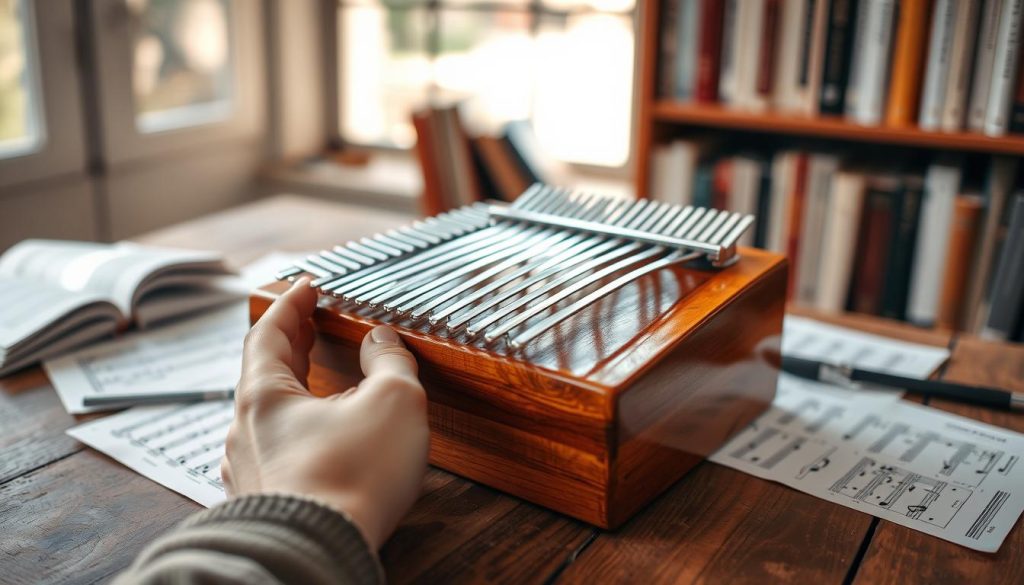 A beautifully arranged kalimba, showcasing either 17 or 21 metal tines, rests on a rustic wooden table. The kalimba’s vibrant wood grain contrasts with the shimmering silver of the tines. In the foreground, human hands, dressed casually yet neatly, delicately hold the instrument, lightly pressing some tines while others resonate softly. The middle ground features sheet music scattered around, hinting at various tonalities and song practices. Ambient natural light streams from a nearby window, creating soft shadows and highlighting the instrument’s curves. In the background, a blurred bookshelf houses music theory books, enhancing the scholarly mood. The overall atmosphere is warm and inviting, encouraging creativity and musical exploration in a serene setting. A beautifully arranged kalimba, showcasing either 17 or 21 metal tines, rests on a rustic wooden table. The kalimba’s vibrant wood grain contrasts with the shimmering silver of the tines. In the foreground, human hands, dressed casually yet neatly, delicately hold the instrument, lightly pressing some tines while others resonate softly. The middle ground features sheet music scattered around, hinting at various tonalities and song practices. Ambient natural light streams from a nearby window, creating soft shadows and highlighting the instrument’s curves. In the background, a blurred bookshelf houses music theory books, enhancing the scholarly mood. The overall atmosphere is warm and inviting, encouraging creativity and musical exploration in a serene setting.