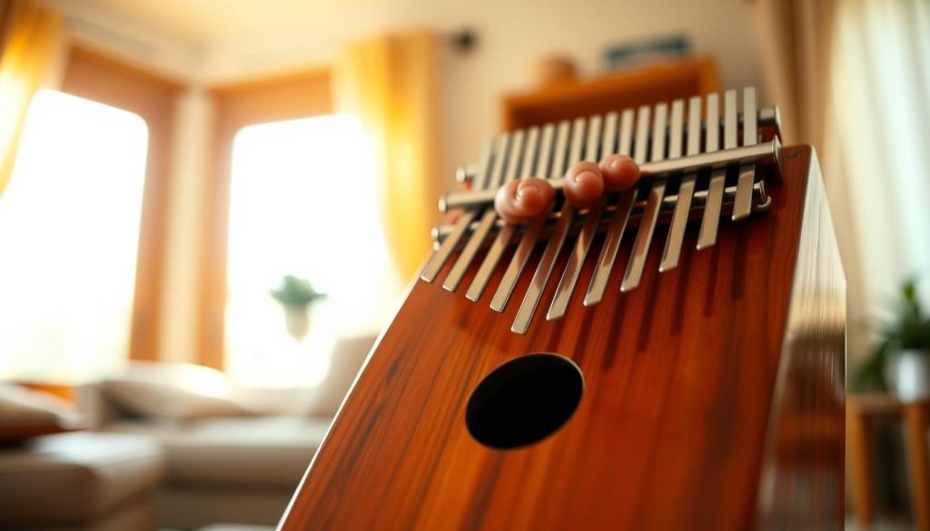 A beautifully arranged kalimba tuned to the key of C major, prominently displayed in the foreground. The instrument has vibrant wooden tones and polished metal tines, showcasing its musical charm. In the middle ground, a pair of hands gently play the kalimba, highlighting the simplicity and engagement in learning music. Subtle fingers create a sense of progression and rhythm, suggesting a child-friendly environment. The background features a soft-focused, cozy room filled with warm, natural light streaming through a window, emphasizing a calm and motivating atmosphere. The overall mood is inviting and encouraging, perfect for illustrating the joys of choosing a kalimba for children. Capture the serene essence in a close-up shot, elegant and focused, yet approachable. A beautifully arranged kalimba tuned to the key of C major, prominently displayed in the foreground. The instrument has vibrant wooden tones and polished metal tines, showcasing its musical charm. In the middle ground, a pair of hands gently play the kalimba, highlighting the simplicity and engagement in learning music. Subtle fingers create a sense of progression and rhythm, suggesting a child-friendly environment. The background features a soft-focused, cozy room filled with warm, natural light streaming through a window, emphasizing a calm and motivating atmosphere. The overall mood is inviting and encouraging, perfect for illustrating the joys of choosing a kalimba for children. Capture the serene essence in a close-up shot, elegant and focused, yet approachable.