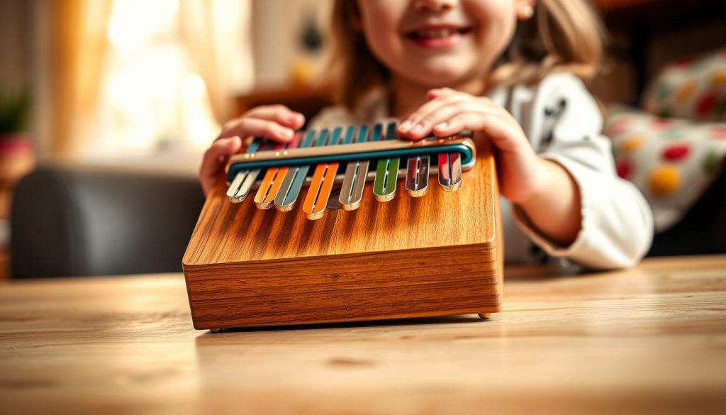 A beautifully crafted kalimba designed specifically for children, featuring either 7 or 8 brightly colored metal tines. The kalimba is placed prominently in the foreground, resting on a wooden table. A child's small, delicate hands gently cradle the instrument, emphasizing its ergonomic design for young players. The background showcases a soft, blurred room setting, with warm, natural light streaming through a nearby window, creating a cozy and inviting atmosphere. The focus is on the kalimba's vibrant colors and the child's engaged expression, highlighting the musical joy it brings. The angle is slightly top-down, enhancing the details of the instrument while capturing the essence of a nurturing environment suited for learning. A beautifully crafted kalimba designed specifically for children, featuring either 7 or 8 brightly colored metal tines. The kalimba is placed prominently in the foreground, resting on a wooden table. A child's small, delicate hands gently cradle the instrument, emphasizing its ergonomic design for young players. The background showcases a soft, blurred room setting, with warm, natural light streaming through a nearby window, creating a cozy and inviting atmosphere. The focus is on the kalimba's vibrant colors and the child's engaged expression, highlighting the musical joy it brings. The angle is slightly top-down, enhancing the details of the instrument while capturing the essence of a nurturing environment suited for learning.