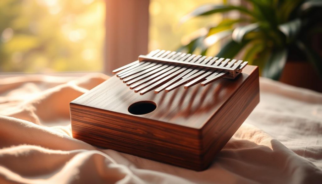A beautifully crafted kalimba with seven or eight tines sits prominently in the foreground, showcasing its finely detailed wooden body and resonant chamber. The kalimba is positioned on a soft, textured cloth, reflecting its robust design. In the middle ground, subtle hints of natural light pour in from a nearby window, casting gentle shadows that highlight the intricate grain of the wood. Soft focus on a background of lush greenery creates a serene atmosphere, suggesting the instrument's harmonious soundscapes. Include warm, inviting lighting that enhances the richness of the wood tones. The overall mood is tranquil and artistic, capturing the essence of music and craftsmanship associated with kalimbas. A beautifully crafted kalimba with seven or eight tines sits prominently in the foreground, showcasing its finely detailed wooden body and resonant chamber. The kalimba is positioned on a soft, textured cloth, reflecting its robust design. In the middle ground, subtle hints of natural light pour in from a nearby window, casting gentle shadows that highlight the intricate grain of the wood. Soft focus on a background of lush greenery creates a serene atmosphere, suggesting the instrument's harmonious soundscapes. Include warm, inviting lighting that enhances the richness of the wood tones. The overall mood is tranquil and artistic, capturing the essence of music and craftsmanship associated with kalimbas.