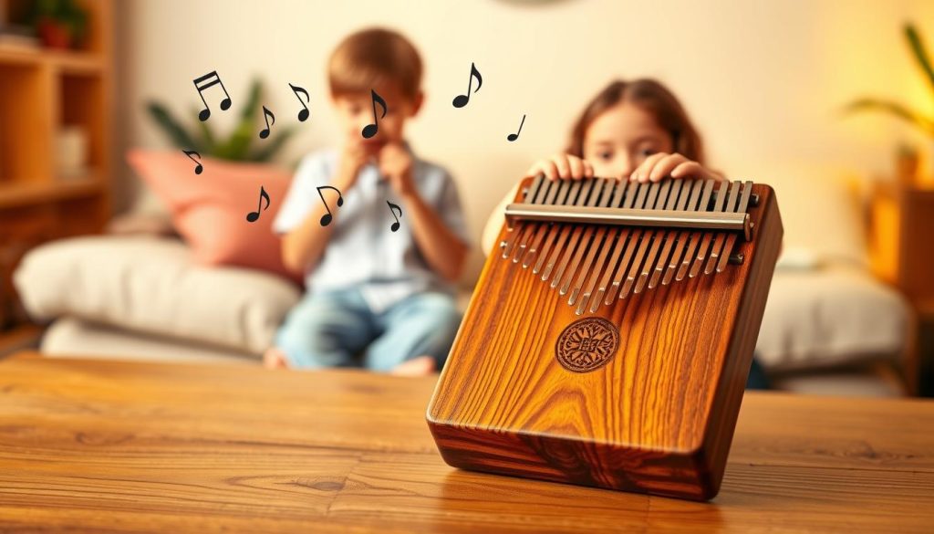 A beautifully designed kalimba made from rich, polished wood is the focal point of the image, showcasing its seven or eight keys with a smooth, natural grain pattern that reflects warm light. The foreground features the kalimba placed on a textured wooden table, emphasizing craftsmanship. In the middle, various musical notes subtly float around, hinting at the joy of playing, while children's playful hands can be seen gently pressing the keys, dressed in modest casual clothing, conveying excitement and engagement. The background consists of a soft, blurred scenery of a cozy room with warm ambient lighting, enhancing the inviting atmosphere. Overall, the composition captures the essence of music, playfulness, and quality materials, perfect for illustrating the section on materials and design. A beautifully designed kalimba made from rich, polished wood is the focal point of the image, showcasing its seven or eight keys with a smooth, natural grain pattern that reflects warm light. The foreground features the kalimba placed on a textured wooden table, emphasizing craftsmanship. In the middle, various musical notes subtly float around, hinting at the joy of playing, while children's playful hands can be seen gently pressing the keys, dressed in modest casual clothing, conveying excitement and engagement. The background consists of a soft, blurred scenery of a cozy room with warm ambient lighting, enhancing the inviting atmosphere. Overall, the composition captures the essence of music, playfulness, and quality materials, perfect for illustrating the section on materials and design.