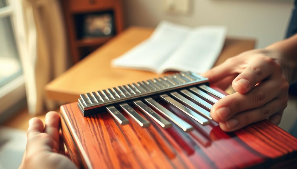 A close-up shot of two hands gently holding a kalimba, showcasing the intricate wood grain and metal tines. The foreground features the kalimba with vibrant colors that draw attention, highlighting the 17 and 21 tines. In the middle, a soft focus reveals a serene practice space with a simple wooden table and sheet music, subtly faded in the background. The lighting is warm and soft, creating an inviting atmosphere, with natural light coming from a nearby window. The angle is slightly tilted to give a dynamic view, enhancing the emotional connection with the instrument. This scene evokes a mood of learning and exploration, emphasizing the simplicity and accessibility of the kalimba, ideal for beginners. A close-up shot of two hands gently holding a kalimba, showcasing the intricate wood grain and metal tines. The foreground features the kalimba with vibrant colors that draw attention, highlighting the 17 and 21 tines. In the middle, a soft focus reveals a serene practice space with a simple wooden table and sheet music, subtly faded in the background. The lighting is warm and soft, creating an inviting atmosphere, with natural light coming from a nearby window. The angle is slightly tilted to give a dynamic view, enhancing the emotional connection with the instrument. This scene evokes a mood of learning and exploration, emphasizing the simplicity and accessibility of the kalimba, ideal for beginners.