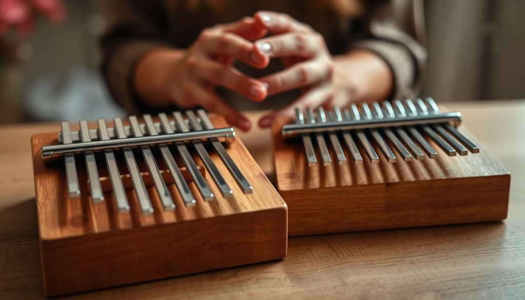 A close-up view of a kalimba, showcasing its 17 and 21 metal tines side by side on a wooden surface, highlighting the difference in note range. The foreground features the kalimbas, with polished metal tines gleaming under soft, diffused lighting, emphasizing their texture and color. In the middle ground, a pair of hands gently plays the kalimba, fingers positioned beautifully, suggesting a sense of harmony and engagement with the instrument. The background is lightly blurred, filled with hints of soft musical notes and abstract shapes, creating a serene atmosphere that evokes the calming sounds of the kalimba. The scene should be shot from a slight angle, focusing primarily on the instruments while maintaining a warm, inviting mood. A close-up view of a kalimba, showcasing its 17 and 21 metal tines side by side on a wooden surface, highlighting the difference in note range. The foreground features the kalimbas, with polished metal tines gleaming under soft, diffused lighting, emphasizing their texture and color. In the middle ground, a pair of hands gently plays the kalimba, fingers positioned beautifully, suggesting a sense of harmony and engagement with the instrument. The background is lightly blurred, filled with hints of soft musical notes and abstract shapes, creating a serene atmosphere that evokes the calming sounds of the kalimba. The scene should be shot from a slight angle, focusing primarily on the instruments while maintaining a warm, inviting mood.