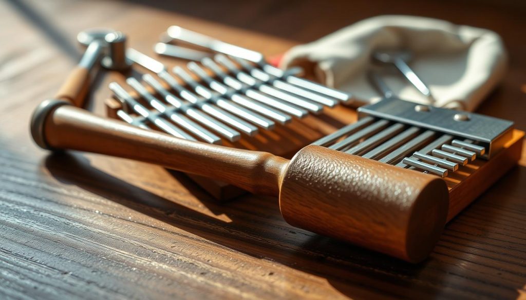 A detailed close-up of a traditional kalimba tuning hammer set against a wooden textured surface, reflecting natural light. The hammer, with a polished wooden handle and a metal head, lies next to a beautifully crafted kalimba, showcasing its 17 or 21 metal tines glistening under soft, diffused lighting. In the background, subtly blurred, one can see various kalimba accessories like a tuning fork and a soft cloth for maintenance, implying a care for quality and craftsmanship. The atmosphere is warm and inviting, suggesting a focus on music and artistic expression. The composition should be shot with a shallow depth of field, emphasizing the hammer and kalimba while creating a serene mood ideal for a music enthusiast's article. A detailed close-up of a traditional kalimba tuning hammer set against a wooden textured surface, reflecting natural light. The hammer, with a polished wooden handle and a metal head, lies next to a beautifully crafted kalimba, showcasing its 17 or 21 metal tines glistening under soft, diffused lighting. In the background, subtly blurred, one can see various kalimba accessories like a tuning fork and a soft cloth for maintenance, implying a care for quality and craftsmanship. The atmosphere is warm and inviting, suggesting a focus on music and artistic expression. The composition should be shot with a shallow depth of field, emphasizing the hammer and kalimba while creating a serene mood ideal for a music enthusiast's article.