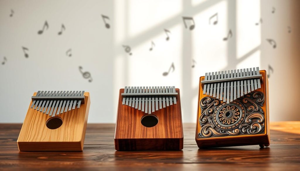 A beautifully arranged display of kalimbas, emphasizing various skill levels, on a wooden table. In the foreground, three kalimbas are laid out: a simple, beginner-friendly model with a natural wood finish, a mid-range model with intricate designs, and an advanced kalimba showcasing elaborate carving details and vibrant colors. The middle ground features a soft-focus backdrop of musical notes gently drifting by, creating a harmonious ambiance. Natural light filters in from the side, casting warm, inviting shadows that enhance the textures of the instruments. The overall mood is encouraging and inspiring, perfect for depicting a journey in learning the kalimba. The image captures both elegance and the joy of music, without any text or distractions. A beautifully arranged display of kalimbas, emphasizing various skill levels, on a wooden table. In the foreground, three kalimbas are laid out: a simple, beginner-friendly model with a natural wood finish, a mid-range model with intricate designs, and an advanced kalimba showcasing elaborate carving details and vibrant colors. The middle ground features a soft-focus backdrop of musical notes gently drifting by, creating a harmonious ambiance. Natural light filters in from the side, casting warm, inviting shadows that enhance the textures of the instruments. The overall mood is encouraging and inspiring, perfect for depicting a journey in learning the kalimba. The image captures both elegance and the joy of music, without any text or distractions.