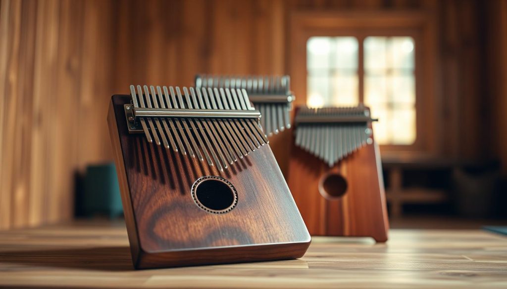 A beautifully crafted kalimba made of rich, dark mahogany wood sits prominently in the foreground, showcasing its smooth, gleaming finish and intricately shaped tines that reflect soft, natural light. The middle layer features a contrasting kalimba made of steel, positioned to highlight its modern, sleek edges and vibrant sound holes, symbolizing the blend of traditional and contemporary materials. In the background, an ambient setting of a serene wooden room bathed in warm light creates a cozy atmosphere, with gentle shadows enhancing the textures of the instruments. The composition should evoke a sense of harmony and depth, emphasizing the significance of material choice on resonance and sound quality in kalimbas. Focus on a soft, inviting color palette that showcases the elegance of the instruments. A beautifully crafted kalimba made of rich, dark mahogany wood sits prominently in the foreground, showcasing its smooth, gleaming finish and intricately shaped tines that reflect soft, natural light. The middle layer features a contrasting kalimba made of steel, positioned to highlight its modern, sleek edges and vibrant sound holes, symbolizing the blend of traditional and contemporary materials. In the background, an ambient setting of a serene wooden room bathed in warm light creates a cozy atmosphere, with gentle shadows enhancing the textures of the instruments. The composition should evoke a sense of harmony and depth, emphasizing the significance of material choice on resonance and sound quality in kalimbas. Focus on a soft, inviting color palette that showcases the elegance of the instruments.