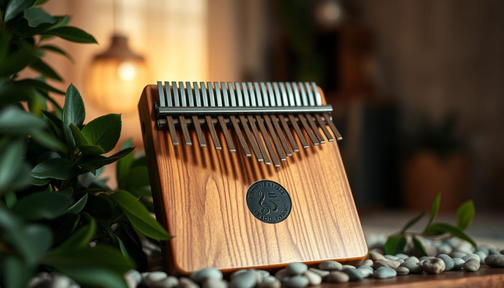 A beautifully crafted kalimba, showcasing its intricate wooden body with polished keys reflecting light, positioned prominently in the foreground. The kalimba should be surrounded by natural elements like soft green foliage and scattered pebbles, evoking a serene, earthy atmosphere. In the middle ground, a blurred, warm-toned environment mirrors a cozy music studio, hinting at creativity and inspiration. Soft, diffused lighting enhances the details on the kalimba while casting gentle shadows, emphasizing its craftsmanship. The background features hints of musical notes softly fading away, suggesting the resonating sound of the kalimba. The overall mood is tranquil and inviting, encouraging viewers to appreciate the beauty and quality craftsmanship of a well-made kalimba. A beautifully crafted kalimba, showcasing its intricate wooden body with polished keys reflecting light, positioned prominently in the foreground. The kalimba should be surrounded by natural elements like soft green foliage and scattered pebbles, evoking a serene, earthy atmosphere. In the middle ground, a blurred, warm-toned environment mirrors a cozy music studio, hinting at creativity and inspiration. Soft, diffused lighting enhances the details on the kalimba while casting gentle shadows, emphasizing its craftsmanship. The background features hints of musical notes softly fading away, suggesting the resonating sound of the kalimba. The overall mood is tranquil and inviting, encouraging viewers to appreciate the beauty and quality craftsmanship of a well-made kalimba.