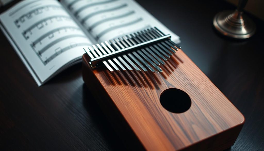 A beautifully crafted kalimba with 17 mahogany tines, showcasing its rich, warm wood grain texture. The kalimba is placed prominently on a dark wooden table, with soft, diffused light illuminating its surface, highlighting the natural sheen of the acajou wood. In the background, a softly blurred music sheet rests, hinting at the instrument's musicality. The scene conveys a serene and inviting atmosphere, capturing the essence of leisure and artistry associated with playing the kalimba. The angle is slightly above eye level, focusing on the instrument’s elegant curves and tines, inviting viewers to imagine the soothing sounds it produces. The overall mood is warm and tranquil, perfect for illustrating the quality and craftsmanship of this kalimba model. A beautifully crafted kalimba with 17 mahogany tines, showcasing its rich, warm wood grain texture. The kalimba is placed prominently on a dark wooden table, with soft, diffused light illuminating its surface, highlighting the natural sheen of the acajou wood. In the background, a softly blurred music sheet rests, hinting at the instrument's musicality. The scene conveys a serene and inviting atmosphere, capturing the essence of leisure and artistry associated with playing the kalimba. The angle is slightly above eye level, focusing on the instrument’s elegant curves and tines, inviting viewers to imagine the soothing sounds it produces. The overall mood is warm and tranquil, perfect for illustrating the quality and craftsmanship of this kalimba model.