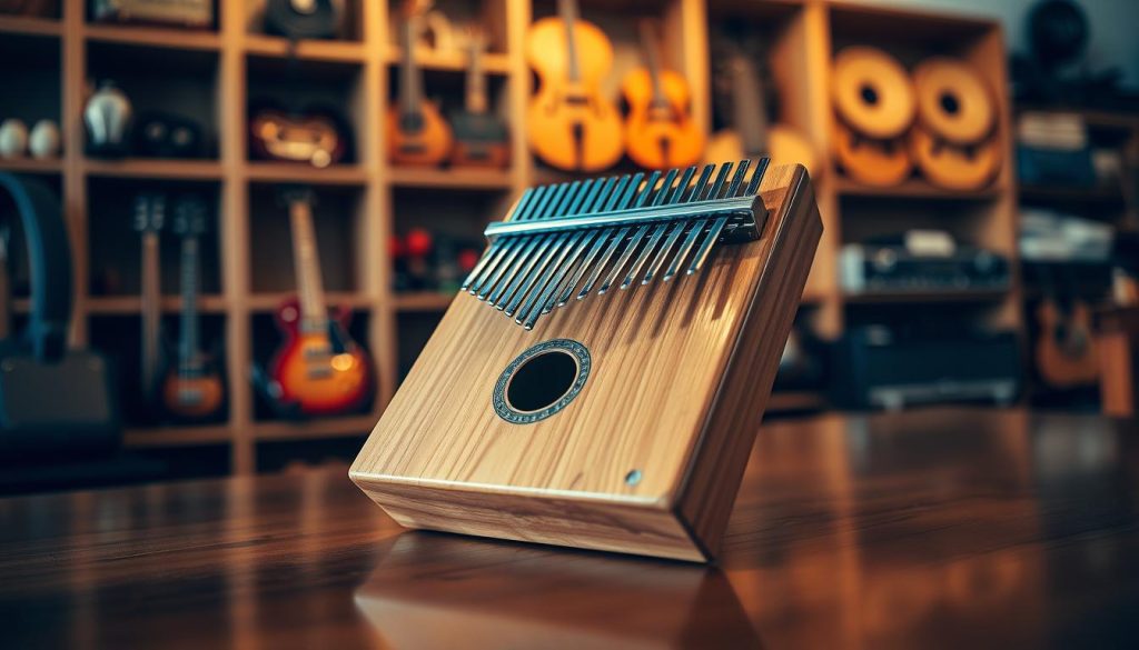 A close-up view of a budget-friendly kalimba prominently displayed on a polished wooden table, showcasing its vibrant wooden body and resonant keys. The kalimba, made of light mahogany, has a smooth finish, with a few decorative carvings along the edges. In the background, blurred shelves filled with various musical instruments provide context, highlighting its affordability among quality options. Soft, warm lighting bathes the scene, creating a cozy, inviting atmosphere ideal for music lovers. The angle is slightly tilted, emphasizing the kalimba’s features and capturing a peaceful, serene vibe, as if inviting the viewer to explore the joys of playing music. No captions or overlays present. A close-up view of a budget-friendly kalimba prominently displayed on a polished wooden table, showcasing its vibrant wooden body and resonant keys. The kalimba, made of light mahogany, has a smooth finish, with a few decorative carvings along the edges. In the background, blurred shelves filled with various musical instruments provide context, highlighting its affordability among quality options. Soft, warm lighting bathes the scene, creating a cozy, inviting atmosphere ideal for music lovers. The angle is slightly tilted, emphasizing the kalimba’s features and capturing a peaceful, serene vibe, as if inviting the viewer to explore the joys of playing music. No captions or overlays present.