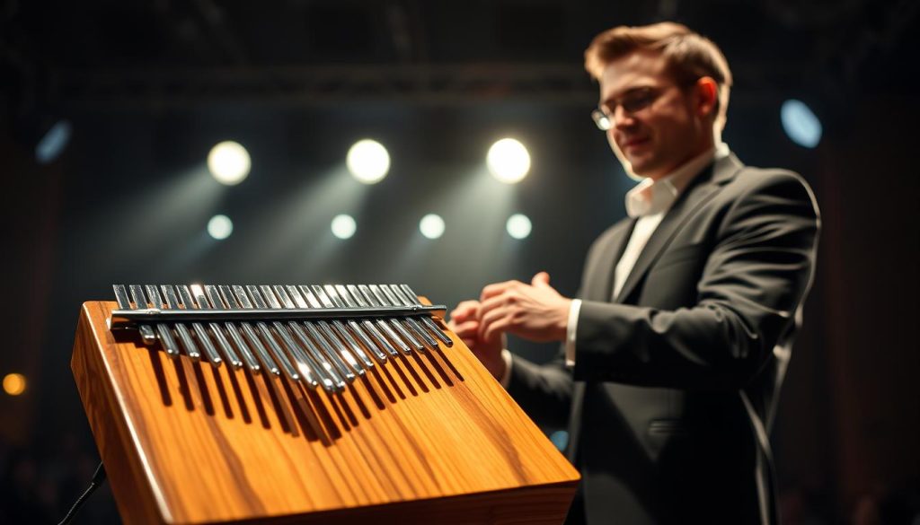 A professional kalimba player performing on stage in a sophisticated setting, showcasing a high-end kalimba instrument with elegant craftsmanship. In the foreground, the kalimba is displayed prominently with intricate details of its wooden body and resonating tines gleaming under focused, warm lighting. The middle ground features the musician, dressed in smart casual attire, passionately engaging with the instrument, conveying a sense of artistry and skill. The background is softly blurred, revealing a dimly lit stage with subtle spotlights creating an intimate atmosphere, while hints of an audience silhouette can be seen. The overall mood is a blend of tranquility and appreciation for music, capturing the essence of performance and resonance. A professional kalimba player performing on stage in a sophisticated setting, showcasing a high-end kalimba instrument with elegant craftsmanship. In the foreground, the kalimba is displayed prominently with intricate details of its wooden body and resonating tines gleaming under focused, warm lighting. The middle ground features the musician, dressed in smart casual attire, passionately engaging with the instrument, conveying a sense of artistry and skill. The background is softly blurred, revealing a dimly lit stage with subtle spotlights creating an intimate atmosphere, while hints of an audience silhouette can be seen. The overall mood is a blend of tranquility and appreciation for music, capturing the essence of performance and resonance.