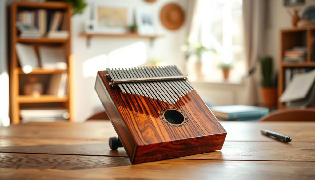 A serene workspace featuring a polished, mid-range kalimba, set on a wooden table with a warm, inviting atmosphere. In the foreground, focus on the kalimba, highlighting its intricate design and vibrant wood grains, with fingers gently playing the instrument. The middle ground showcases soft, natural lighting filtering through a window, casting gentle shadows. In the background, a blurred bookshelf filled with music sheets and calming decor, evoking a cozy ambiance ideal for music creation. The image should convey a sense of precision and comfort, inspiring the viewer with an atmosphere of creativity and relaxation, achieved with a slightly shallow depth of field and soft-focus effects. A serene workspace featuring a polished, mid-range kalimba, set on a wooden table with a warm, inviting atmosphere. In the foreground, focus on the kalimba, highlighting its intricate design and vibrant wood grains, with fingers gently playing the instrument. The middle ground showcases soft, natural lighting filtering through a window, casting gentle shadows. In the background, a blurred bookshelf filled with music sheets and calming decor, evoking a cozy ambiance ideal for music creation. The image should convey a sense of precision and comfort, inspiring the viewer with an atmosphere of creativity and relaxation, achieved with a slightly shallow depth of field and soft-focus effects.