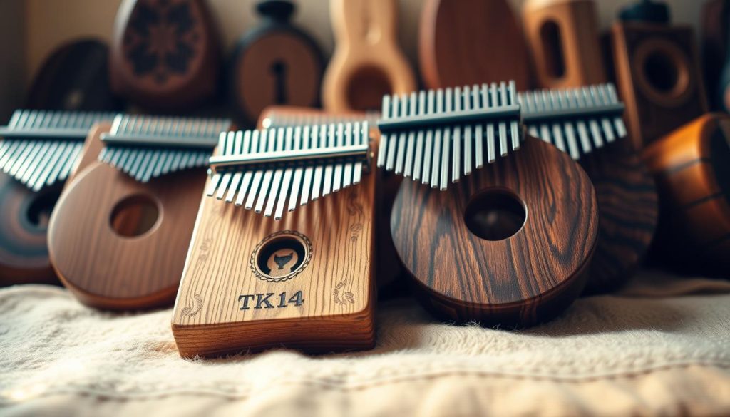 A vibrant display of various kalimba designs arranged elegantly on a soft, natural wooden surface. The foreground features a beautifully crafted TK14 kalimba with intricate patterns, its natural wood grain reflecting the light. Beside it, the whimsical Cats Kalimba Brown with adorable cat engravings catches the eye, showcasing its rounded shape and rich brown tones. In the middle background, a slight blur reveals a selection of other unique kalimba shapes, hinting at their diverse designs, such as oval and rectangular forms. Soft, warm lighting bathes the scene, creating an inviting and cozy atmosphere reminiscent of an intimate music studio. The angle is slightly tilted, focusing on the textures and details of the instruments, capturing the essence of musical artistry. A vibrant display of various kalimba designs arranged elegantly on a soft, natural wooden surface. The foreground features a beautifully crafted TK14 kalimba with intricate patterns, its natural wood grain reflecting the light. Beside it, the whimsical Cats Kalimba Brown with adorable cat engravings catches the eye, showcasing its rounded shape and rich brown tones. In the middle background, a slight blur reveals a selection of other unique kalimba shapes, hinting at their diverse designs, such as oval and rectangular forms. Soft, warm lighting bathes the scene, creating an inviting and cozy atmosphere reminiscent of an intimate music studio. The angle is slightly tilted, focusing on the textures and details of the instruments, capturing the essence of musical artistry.