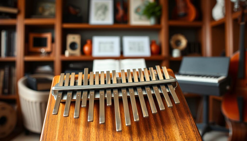 A Hluru Prestige 21 kalimba, showcasing its beautifully crafted wooden body with a polished finish, positioned prominently in the foreground. The 21 metal tines glisten under soft, natural lighting, arranged in a symmetrical pattern that highlights their varying lengths. In the middle, a few sheet music pages are slightly blurred, suggesting the extensive repertoire this instrument can play. The background features a cozy, elegantly decorated music room with shelves filled with musical instruments and warm wooden accents. The overall mood is inviting and serene, capturing the essence of musical creativity. The shot is taken with a shallow depth of field to emphasize the kalimba while softly blurring the surrounding elements, creating a professional and polished atmosphere. A Hluru Prestige 21 kalimba, showcasing its beautifully crafted wooden body with a polished finish, positioned prominently in the foreground. The 21 metal tines glisten under soft, natural lighting, arranged in a symmetrical pattern that highlights their varying lengths. In the middle, a few sheet music pages are slightly blurred, suggesting the extensive repertoire this instrument can play. The background features a cozy, elegantly decorated music room with shelves filled with musical instruments and warm wooden accents. The overall mood is inviting and serene, capturing the essence of musical creativity. The shot is taken with a shallow depth of field to emphasize the kalimba while softly blurring the surrounding elements, creating a professional and polished atmosphere.