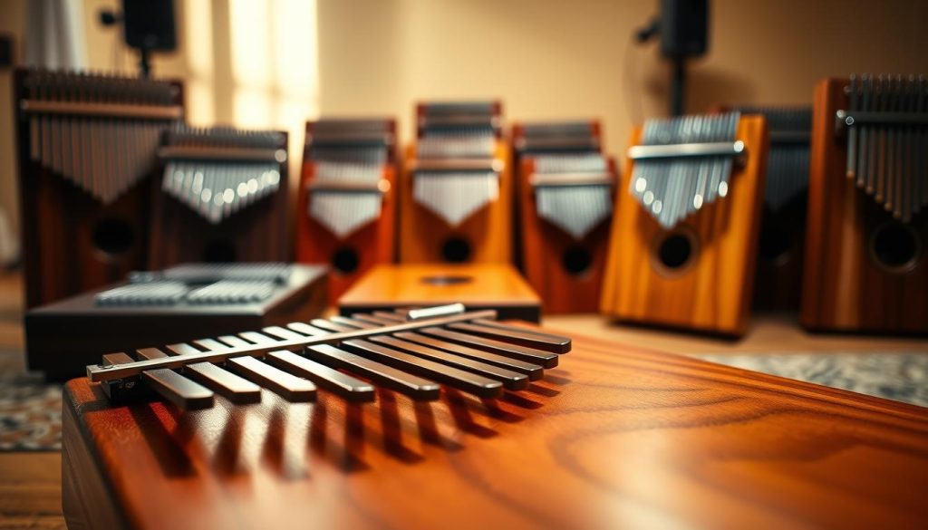 A beautifully arranged display of premium kalimbas from Hokema and Meinl, showcasing the intricate wood grains and craftsmanship. In the foreground, focus on a detailed close-up of the kalimba's keys and body, highlighting their smooth finish and vibrant colors. The middle ground features a softly blurred arrangement of various kalimbas, emphasizing the diversity of shapes and sizes. The background should include a warm, inviting studio setting with soft lighting, casting gentle shadows that accentuate the instruments' premium quality. Use a shallow depth of field to create an intimate atmosphere, evoking a sense of artistry and elegance, ideal for showcasing exceptional musical instruments. A beautifully arranged display of premium kalimbas from Hokema and Meinl, showcasing the intricate wood grains and craftsmanship. In the foreground, focus on a detailed close-up of the kalimba's keys and body, highlighting their smooth finish and vibrant colors. The middle ground features a softly blurred arrangement of various kalimbas, emphasizing the diversity of shapes and sizes. The background should include a warm, inviting studio setting with soft lighting, casting gentle shadows that accentuate the instruments' premium quality. Use a shallow depth of field to create an intimate atmosphere, evoking a sense of artistry and elegance, ideal for showcasing exceptional musical instruments.