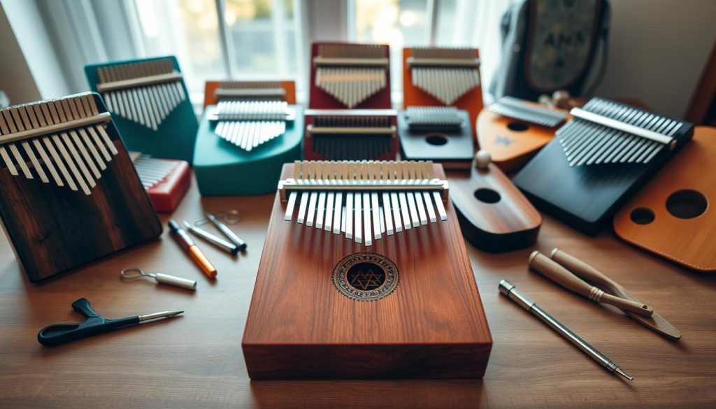 A beautifully arranged display of various kalimbas on a wooden table, with an emphasis on their different woods, shapes, and touch configurations. In the foreground, focus on a finely crafted kalimba made from rich mahogany, showing off its smooth grains and polished finish. Surrounding it are kalimbas of different colors and sizes, some with vibrant decorations and others with a minimalist design, showcasing the variety available. The background features soft, natural lighting filtering through a window, giving a warm and inviting atmosphere. A few accessories like tuning tools and a soft case hint at the practical guide theme. The camera angle is slightly above eye level, capturing the essence of choice in kalimbas while ensuring clarity and richness in the image. A beautifully arranged display of various kalimbas on a wooden table, with an emphasis on their different woods, shapes, and touch configurations. In the foreground, focus on a finely crafted kalimba made from rich mahogany, showing off its smooth grains and polished finish. Surrounding it are kalimbas of different colors and sizes, some with vibrant decorations and others with a minimalist design, showcasing the variety available. The background features soft, natural lighting filtering through a window, giving a warm and inviting atmosphere. A few accessories like tuning tools and a soft case hint at the practical guide theme. The camera angle is slightly above eye level, capturing the essence of choice in kalimbas while ensuring clarity and richness in the image.