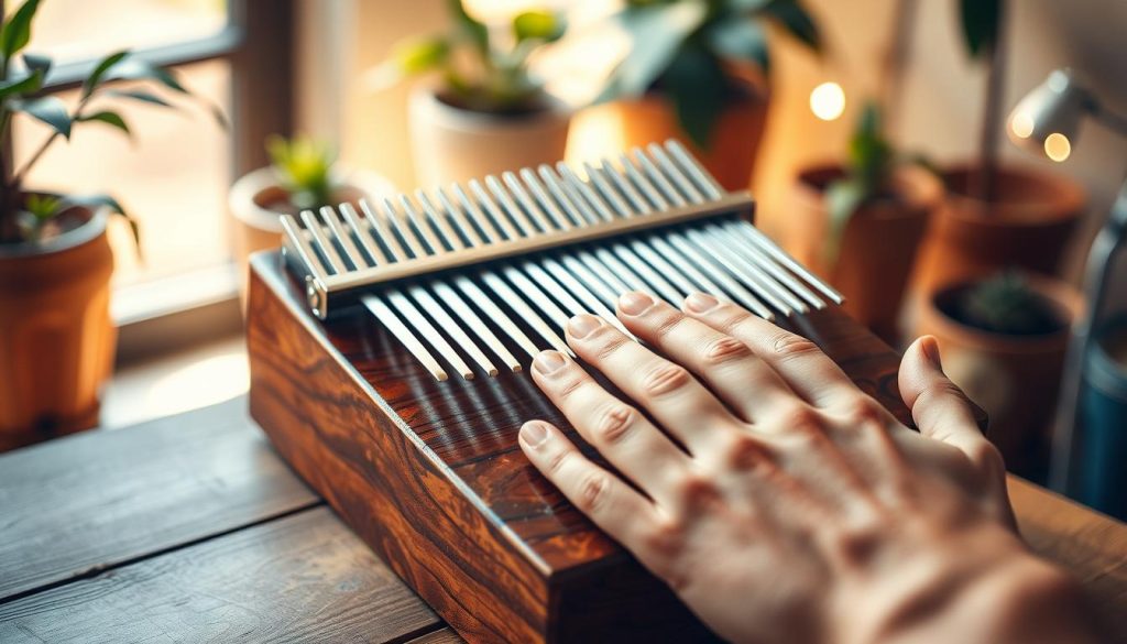 A beautifully arranged kalimba model featuring the "touches modèle 21" design, showcasing a stunning array of 21 metal tines gleaming under soft, warm natural lighting. The instrument is positioned on a rustic wooden table, with an intricate hand-carved body that reflects craftsmanship. In the foreground, delicate hands are gracefully playing the instrument, fingers poised above the tines. The background is softly blurred, revealing hints of a cozy music room adorned with potted plants and warm ambient light. The scene conveys a serene, uplifting atmosphere, inviting viewers to experience the enchanting sounds of the kalimba. Shot from a slightly elevated angle to capture the depth of the instrument and the artistry of performance, with a focus on detail and texture. A beautifully arranged kalimba model featuring the "touches modèle 21" design, showcasing a stunning array of 21 metal tines gleaming under soft, warm natural lighting. The instrument is positioned on a rustic wooden table, with an intricate hand-carved body that reflects craftsmanship. In the foreground, delicate hands are gracefully playing the instrument, fingers poised above the tines. The background is softly blurred, revealing hints of a cozy music room adorned with potted plants and warm ambient light. The scene conveys a serene, uplifting atmosphere, inviting viewers to experience the enchanting sounds of the kalimba. Shot from a slightly elevated angle to capture the depth of the instrument and the artistry of performance, with a focus on detail and texture.