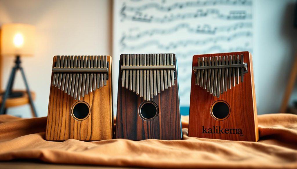 A beautifully arranged showcase of three distinct kalimbas: the Kalimba Gecko, the Meinl, and the Hokema, each featuring unique designs and wood grains. The foreground highlights the intricate craftsmanship and varying sizes of the kalimbas, emphasizing their different sound hole shapes and key layouts, with polished finishes reflecting subtle light. In the middle ground, place soft, warm-colored fabric under the instruments to create an inviting atmosphere. The background features blurred musical notes and a softly lit room, hinting at a cozy music studio vibe. Use natural lighting to enhance the richness of the wood tones, and capture the image from a slightly elevated angle to provide a clear view of each instrument while inviting warmth and creativity. A beautifully arranged showcase of three distinct kalimbas: the Kalimba Gecko, the Meinl, and the Hokema, each featuring unique designs and wood grains. The foreground highlights the intricate craftsmanship and varying sizes of the kalimbas, emphasizing their different sound hole shapes and key layouts, with polished finishes reflecting subtle light. In the middle ground, place soft, warm-colored fabric under the instruments to create an inviting atmosphere. The background features blurred musical notes and a softly lit room, hinting at a cozy music studio vibe. Use natural lighting to enhance the richness of the wood tones, and capture the image from a slightly elevated angle to provide a clear view of each instrument while inviting warmth and creativity.