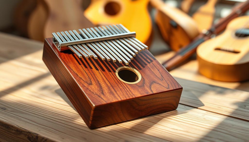 A beautifully crafted kalimba displayed on a wooden table, highlighting its exquisite finish and construction. The instrument is made of rich mahogany wood, showcasing its deep, warm colors, with the keys crafted from light maple and walnut accented by intricate grain patterns. Soft, natural lighting illuminates the scene, casting gentle shadows that enhance the textures of the wood. The foreground features the kalimba prominently, while the background contains a blurred assortment of other wooden instruments, hinting at the craftsmanship involved. The overall atmosphere is serene and inviting, reflecting the harmonious connection between nature and music, emphasizing the importance of wood choice in sound quality and timbre. A beautifully crafted kalimba displayed on a wooden table, highlighting its exquisite finish and construction. The instrument is made of rich mahogany wood, showcasing its deep, warm colors, with the keys crafted from light maple and walnut accented by intricate grain patterns. Soft, natural lighting illuminates the scene, casting gentle shadows that enhance the textures of the wood. The foreground features the kalimba prominently, while the background contains a blurred assortment of other wooden instruments, hinting at the craftsmanship involved. The overall atmosphere is serene and inviting, reflecting the harmonious connection between nature and music, emphasizing the importance of wood choice in sound quality and timbre.