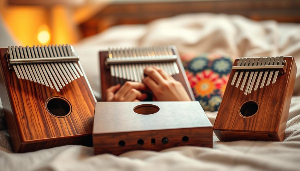 A close-up image of a beautiful Kalimba instrument, showcasing its rich wood grain and glossy finish. The foreground features three different models: the K17SD with its mesmerizing sound holes, the vibrant K17CAP decorated with colorful patterns, and the compact mini Kalimba with eight keys, all elegantly arranged on a soft, textured fabric. In the middle, various playing techniques are illustrated, with skilled hands gently striking the keys, capturing the essence of musical expression. The background is softly blurred, hinting at a cozy, intimate setting with warm light illuminating the scene, creating a serene and inviting atmosphere. The composition emphasizes the instruments' craftsmanship and acoustic beauty. A close-up image of a beautiful Kalimba instrument, showcasing its rich wood grain and glossy finish. The foreground features three different models: the K17SD with its mesmerizing sound holes, the vibrant K17CAP decorated with colorful patterns, and the compact mini Kalimba with eight keys, all elegantly arranged on a soft, textured fabric. In the middle, various playing techniques are illustrated, with skilled hands gently striking the keys, capturing the essence of musical expression. The background is softly blurred, hinting at a cozy, intimate setting with warm light illuminating the scene, creating a serene and inviting atmosphere. The composition emphasizes the instruments' craftsmanship and acoustic beauty.