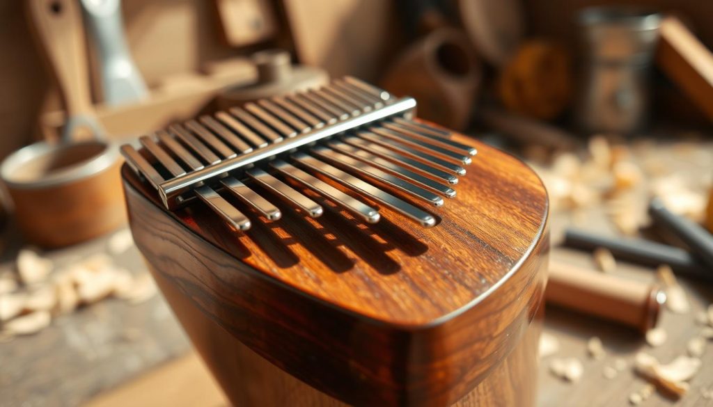 A close-up view of a beautifully crafted kalimba crafted from rich mahogany wood, showcasing its intricate wooden body and polished, resonant soundboard. The kalimba's metal tines gleam in the soft, natural light, each reflecting delicate shades of silver and chrome. In the background, a blurred scene of an artisan's workshop reveals tools and wood shavings, evoking a warm, creative atmosphere. The lighting is bright and inviting, highlighting the wooden grain and fine craftsmanship of the instrument. The composition focuses on the kalimba to illustrate its materials and sound quality, creating a sense of warmth and connection to nature. The overall mood is serene and inspiring, perfect for a musical journey. A close-up view of a beautifully crafted kalimba crafted from rich mahogany wood, showcasing its intricate wooden body and polished, resonant soundboard. The kalimba's metal tines gleam in the soft, natural light, each reflecting delicate shades of silver and chrome. In the background, a blurred scene of an artisan's workshop reveals tools and wood shavings, evoking a warm, creative atmosphere. The lighting is bright and inviting, highlighting the wooden grain and fine craftsmanship of the instrument. The composition focuses on the kalimba to illustrate its materials and sound quality, creating a sense of warmth and connection to nature. The overall mood is serene and inspiring, perfect for a musical journey.