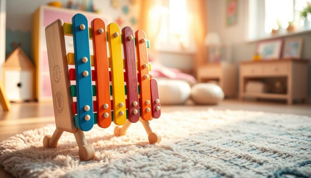 A colorful, elegant Moulin Roty metallophone positioned prominently in the foreground, showcasing its vibrant wooden bars in shades of blue, red, yellow, and green. The metallophone is beautifully crafted with smooth, rounded edges and features subtle decorative elements that reflect a playful yet artistic design. In the middle ground, a soft, plush rug adds texture and warmth, enhancing the inviting atmosphere. The background includes soft-focus elements of a cozy children's room, with pastel-colored walls and light streaming in through a nearby window, creating a whimsical, cheerful ambiance. The lighting is warm and soft, evoking a sense of joy and creativity, perfectly suited for a child’s musical exploration. The image has no people and avoids any distracting elements, ensuring the focus remains entirely on the metallophone. A colorful, elegant Moulin Roty metallophone positioned prominently in the foreground, showcasing its vibrant wooden bars in shades of blue, red, yellow, and green. The metallophone is beautifully crafted with smooth, rounded edges and features subtle decorative elements that reflect a playful yet artistic design. In the middle ground, a soft, plush rug adds texture and warmth, enhancing the inviting atmosphere. The background includes soft-focus elements of a cozy children's room, with pastel-colored walls and light streaming in through a nearby window, creating a whimsical, cheerful ambiance. The lighting is warm and soft, evoking a sense of joy and creativity, perfectly suited for a child’s musical exploration. The image has no people and avoids any distracting elements, ensuring the focus remains entirely on the metallophone.