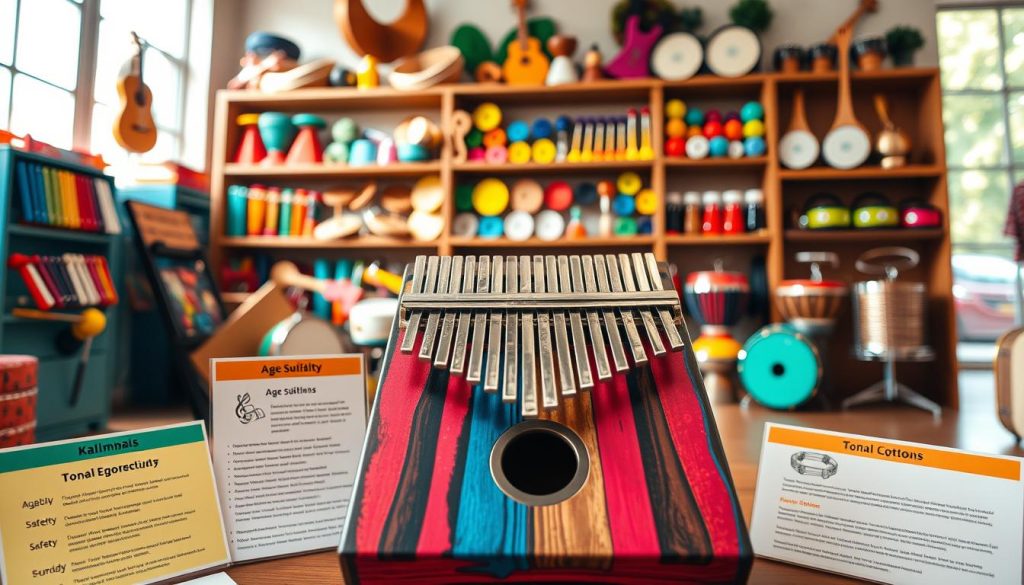 A guide to buying musical instruments, focusing on a colorful display of various child-friendly musical instruments like the Kalimba, alongside safety features and tonal options. Foreground: a beautifully crafted Kalimba with vibrant colors and textures, surrounded by educational labels on age suitability, safety, and sound. Middle: a cozy, inviting environment that simulates a music store, with shelves filled with musical instruments designed for children, such as xylophones, tambourines, and small drums. Background: soft, natural lighting streaming in from large windows, creating a warm ambiance. The mood should be cheerful and engaging, emphasizing the joy and creativity of musical exploration for children. Capture the scene from a slightly elevated angle to reveal the depth and variety of instruments while keeping the focus on the Kalimba. A guide to buying musical instruments, focusing on a colorful display of various child-friendly musical instruments like the Kalimba, alongside safety features and tonal options. Foreground: a beautifully crafted Kalimba with vibrant colors and textures, surrounded by educational labels on age suitability, safety, and sound. Middle: a cozy, inviting environment that simulates a music store, with shelves filled with musical instruments designed for children, such as xylophones, tambourines, and small drums. Background: soft, natural lighting streaming in from large windows, creating a warm ambiance. The mood should be cheerful and engaging, emphasizing the joy and creativity of musical exploration for children. Capture the scene from a slightly elevated angle to reveal the depth and variety of instruments while keeping the focus on the Kalimba.