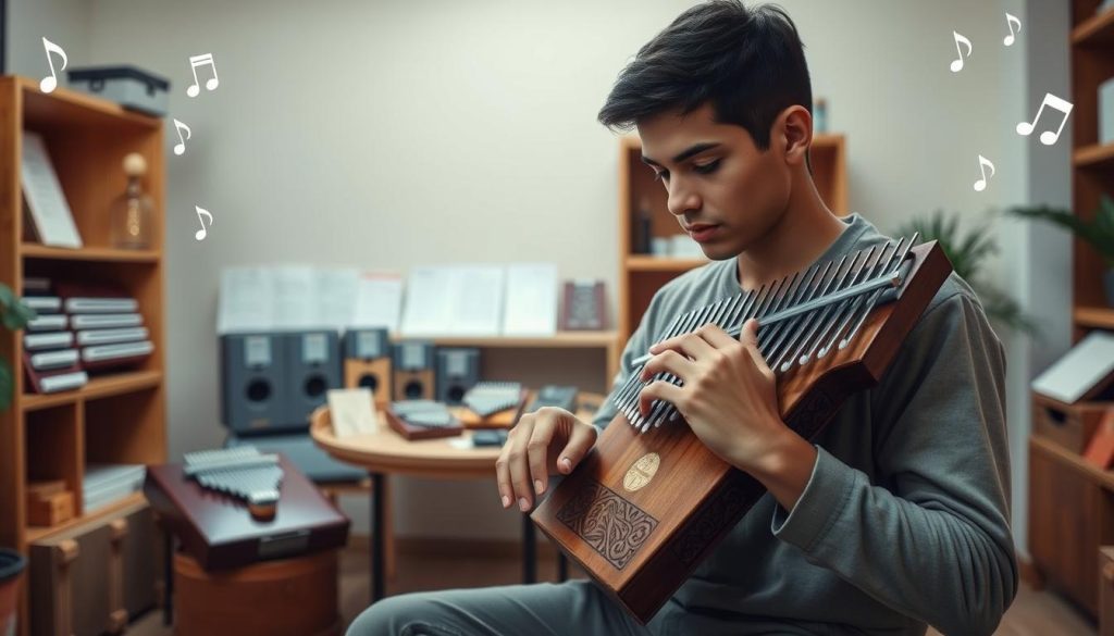 A professional kalimba musician in a cozy, well-lit studio, deeply focused on playing a beautiful wooden kalimba with intricate carvings. The foreground features the musician, a young adult in modest casual clothing, positioned slightly off-center, with hands delicately plucking the instrument's keys. In the middle, a small table holds various kalimbas, showcasing different designs and styles, hinting at the variety available in the market. The background displays shelves filled with music sheets, and soft ambient lighting creates a warm and inspiring atmosphere. The room is filled with musical notes subtly illustrated in the air, reinforcing the theme of music and harmony. The overall mood is uplifting, inviting viewers to explore the world of kalimbas and musicianship. A professional kalimba musician in a cozy, well-lit studio, deeply focused on playing a beautiful wooden kalimba with intricate carvings. The foreground features the musician, a young adult in modest casual clothing, positioned slightly off-center, with hands delicately plucking the instrument's keys. In the middle, a small table holds various kalimbas, showcasing different designs and styles, hinting at the variety available in the market. The background displays shelves filled with music sheets, and soft ambient lighting creates a warm and inspiring atmosphere. The room is filled with musical notes subtly illustrated in the air, reinforcing the theme of music and harmony. The overall mood is uplifting, inviting viewers to explore the world of kalimbas and musicianship.
