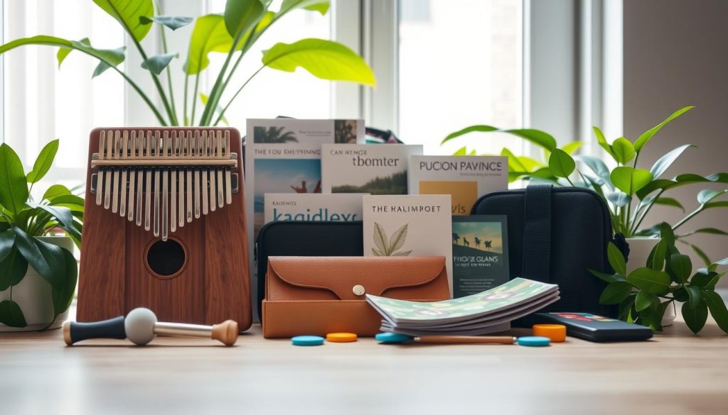 A serene flat lay composition showcasing a variety of Kalimba accessories. In the foreground, a beautifully crafted kalimba with polished wood and intricately designed tines, alongside a tuning hammer and colorful finger pads. The middle layer features a selection of carrying cases and instructional booklets with nature-themed graphics, arranged aesthetically. In the background, soft natural light filters through a window, casting gentle shadows, while lush green plants create an inviting atmosphere, enhancing the connection to nature. The overall mood is tranquil and inspiring, ideal for beginners exploring the world of Kalimba. Use a shallow depth of field to draw attention to the accessories, ensuring a clear focus on their details. A serene flat lay composition showcasing a variety of Kalimba accessories. In the foreground, a beautifully crafted kalimba with polished wood and intricately designed tines, alongside a tuning hammer and colorful finger pads. The middle layer features a selection of carrying cases and instructional booklets with nature-themed graphics, arranged aesthetically. In the background, soft natural light filters through a window, casting gentle shadows, while lush green plants create an inviting atmosphere, enhancing the connection to nature. The overall mood is tranquil and inspiring, ideal for beginners exploring the world of Kalimba. Use a shallow depth of field to draw attention to the accessories, ensuring a clear focus on their details.